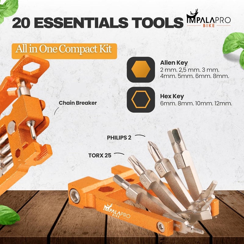 IMPALAPRO Bike Tool Kit Portable 20 in 1 Compact and Lightweight (117.5g) Chrome-Vanadium (CRV) - Bike Multitool with Chain Breaker - MTB Multitool - Bike Repair Tools (Gold) - Image 3